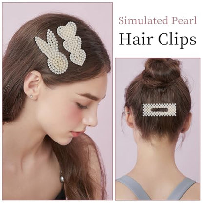 Simulated Pearl Hair Clips for Women | Cute Shapes Barrettes & Hair Clips for Women | Alligator Clips Hair Accessories for Short or Thick Hair | Fashion Hair Clips, White 8 Pcs