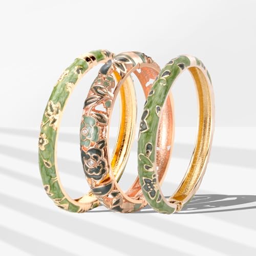 UJOY Womens Multi-Colors Cloisonne Bracelet Plated Flower Hollowed Enameled Hinged Cuff Bangles Jewelry Gift 88A10 - color: Green-3 Pcs-A10