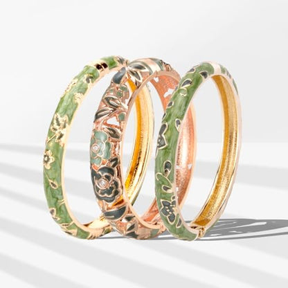 UJOY Womens Multi-Colors Cloisonne Bracelet Plated Flower Hollowed Enameled Hinged Cuff Bangles Jewelry Gift 88A10 - color: Green-3 Pcs-A10