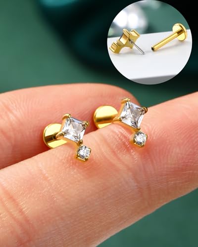 COCHARM 16G Threadless Labret Stud Earrings Flat Back Helix, Tragus, Cartilage,Conch Piercing Jewelry Square CZ Push Pin Lobe Stud 6mm 8mm 316L Steel Silver, Gold - color: Gold, size: 1.2x6mm