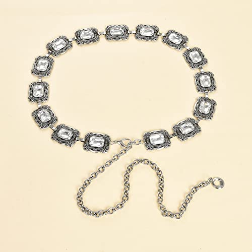 ILuvatar Green Glass Diamond Chain Belt - Metal Women's Western Style Dress Belt - color: Silver-70