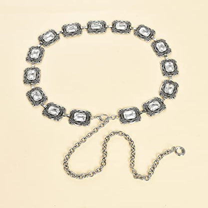ILuvatar Green Glass Diamond Chain Belt - Metal Women's Western Style Dress Belt - color: Silver-70