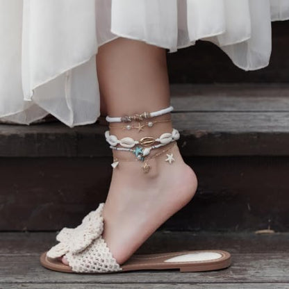 Beaded Anklet Bracelets For Women Waterproof Gold Anklets Jewelry Set Stack | non tarnish free pearl puka seashell beach boho stretchy anklet for summer dainty and tewiky gold plated - color: Blue Starfish