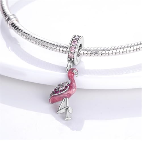 925 Silver Charm for Bracelets Animal Pet Insect Series Women Jewelry Gift - color: Red flamingo