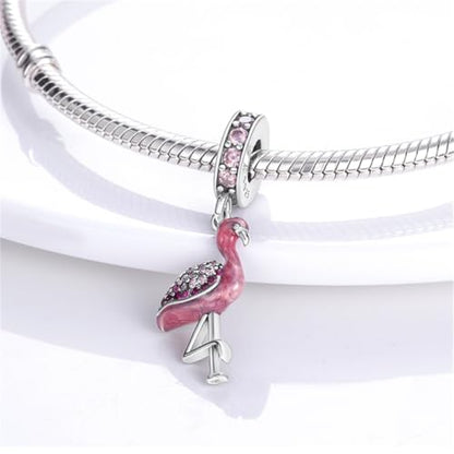 925 Silver Charm for Bracelets Animal Pet Insect Series Women Jewelry Gift - color: Red flamingo