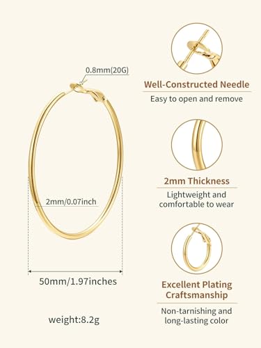 FindChic Thin Hoop Earrings for Women,Silver/Black/Gold Plated 20-100mm - color: Gold, size: 50mm