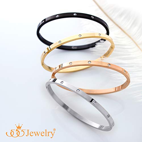 555Jewelry Womens Sparkling Cubic Zirconia Secure Hinge Lock Bangle Stainless Steel Bracelet - color: Silver