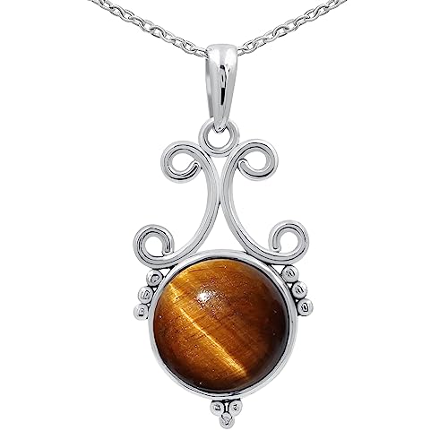Natural Round Gemstone Pendant Necklace for Women, 925 Sterling Silver | Solitaire Birthstone Jewelry With 18 Inch Chain, Handmade Semi Precious Stone Pendant, Jewelry Gift for Mom, Wife & Sister - color: Tiger Eye