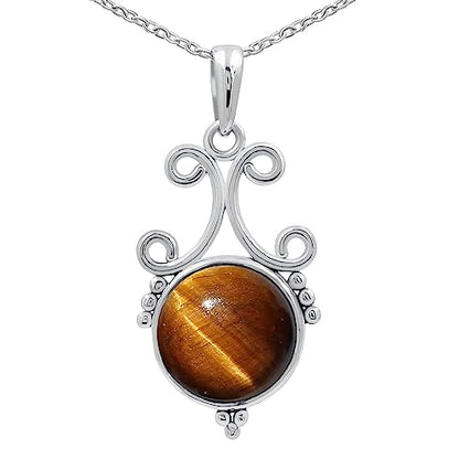 Natural Round Gemstone Pendant Necklace for Women, 925 Sterling Silver | Solitaire Birthstone Jewelry With 18 Inch Chain, Handmade Semi Precious Stone Pendant, Jewelry Gift for Mom, Wife & Sister - color: Tiger Eye