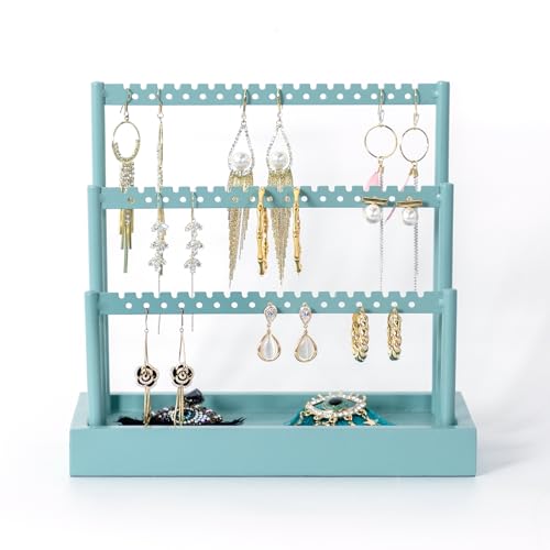 SANY DAYO HOME 3-Tier Earring Holder Organizer Stand, 105 Holes Teal Blue Metal Earring Rack Jewelry Display Tree with Wood Tray for Women and Girls - color: Teal Color Rack and Base