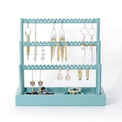 SANY DAYO HOME 3-Tier Earring Holder Organizer Stand, 105 Holes Teal Blue Metal Earring Rack Jewelry Display Tree with Wood Tray for Women and Girls - color: Teal Color Rack and Base