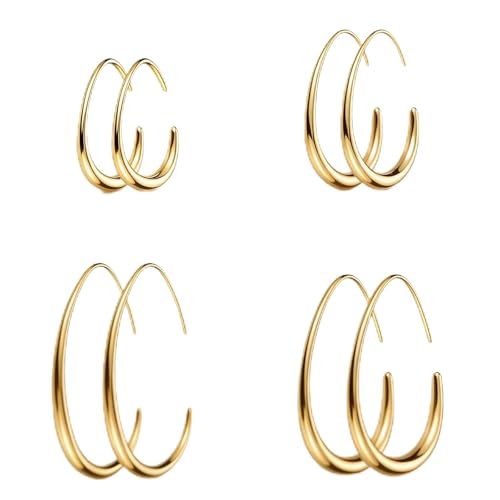 4 Pairs Gold Hoop Earrings for Women | 14K Gold Plated Hypoallergenic Small Large Earrings Set, Lightweight Stainless Steel Hoops - color: Metallic