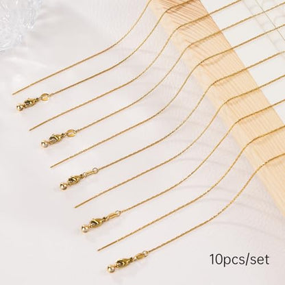 GTVOODX 10pcs Gold Plated Adjustable Thin Necklace Chains Bulk for Jewelry Making Stainless Steel 0.75mm Rectangle Cable Chains with Adjust Clasp for Women - color: Gold Rectangle Cable