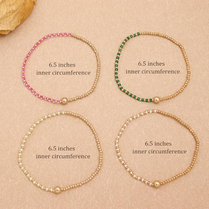Gold Beaded Stackable Friendship Bracelets Set for Women, Handmade Boho Stretch Summer Jewelry Gift. - color: gold green fuchsia white