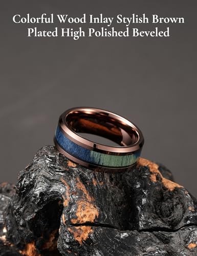 King Will Tungsten Wedding Band Wood Inlay for Men Black Beveled Edge | Black, 8mm, Beveled Edge, Comfort Fit, Wood inlay, Promise Gift - color: Colorful Wood Chips-Brown