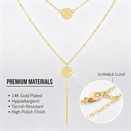 Lariat Gold Necklaces for Women, 14K-Gold-Plated Long Chain Bar Stacking Layer Y-Necklaces, Hypoallergenic Non-Tarnish Jewelry for Gift