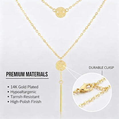 Lariat Gold Necklaces for Women, 14K-Gold-Plated Long Chain Bar Stacking Layer Y-Necklaces, Hypoallergenic Non-Tarnish Jewelry for Gift