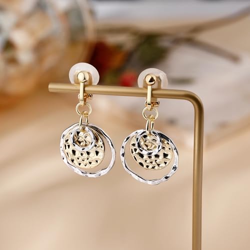 Awinesn Clip on Earrings for Women 14K Gold/Sterling Silver Plated Disc Earrings for Women Circle Drop Dangle Earrings Jewelry Hypoallergenic Hammered Non Pierced Earring Jewelry Gifts Wedding Party - style: S1