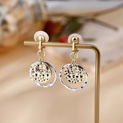 Awinesn Clip on Earrings for Women 14K Gold/Sterling Silver Plated Disc Earrings for Women Circle Drop Dangle Earrings Jewelry Hypoallergenic Hammered Non Pierced Earring Jewelry Gifts Wedding Party - style: S1