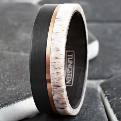 King's Cross Exquisite 6mm/8mm Brushed Finish Black Tungsten Carbide Flat Band Ring with Rose Gold Stripe and Raw Speckled White Deer Antler Inlay, (CNE556)