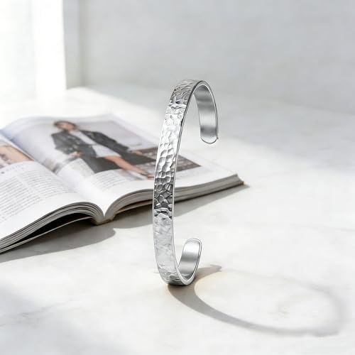 Inspirational Bible Verse Cuff Bracelet for Women, 18K Gold Plated Hammered Bangle, Christian Faith Jewelry Gift, Adjustable Non Tarnish - color: A piece of my heart is in heaven-Hammered Silver