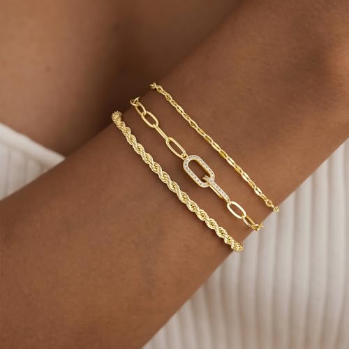 Turandoss Gold Bracelets for Women - Dainty 14K Gold Plated Tennis Bracelet | Stackable Cross Beaded Set, Twisted Rope Chain, Snake Paperclip Chain, Knot Cuff Bracelets for Women, Jewelry Gifts - color: Interlocking Rope Set