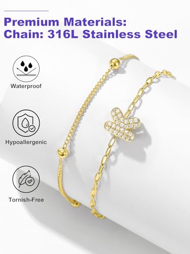 Richsteel Initial Ankle Bracelets for Women Waterproof, 14K Gold Plated/Silver Stainless Steel Anklets, Dainty Adjustable Layered Anklets with Bubble Letter, Non Tarnish Summer Beach Jewelry with Gift Box - color: D-Gold-Plated