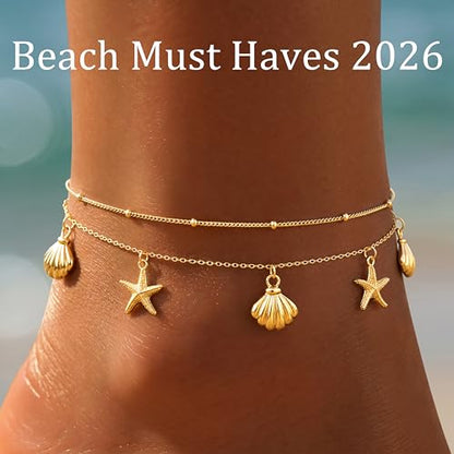 Gold/Sterling Silver Anklet Bracelets for Women Waterproof, Non Tarnish 925 Sterling Sliver Plated Heart Evileye Butterfly Charm, Dainty Summer Beach Anklets for Women, Beach Vacation Bikini Outfits for Her Mom - style: Starfish & Shell