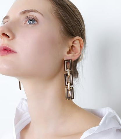 Ozel - Natural Wooden Acrylic Boho Drop Dangle Earrings for Women - Geometric Statement Jewellery - Brown, Black, Magent Red, Olive Green, White beige - color: 3Square_Brown