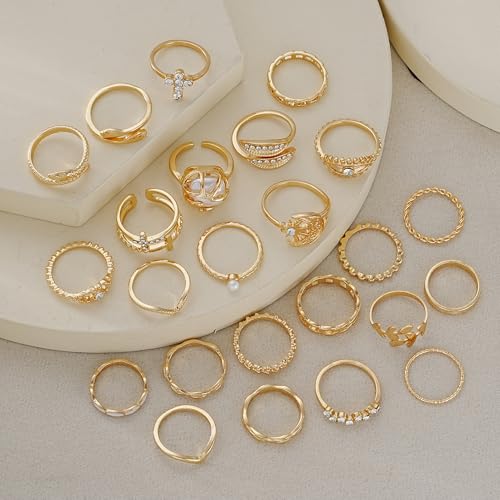 YEEZII 25 Pcs Gold Knuckle Rings Set for Women, Cute Stackable Finger Midi Rings, Dainty Gold Chunky Stacking Statement Womens ring pack - color: Gold-22 Pcs