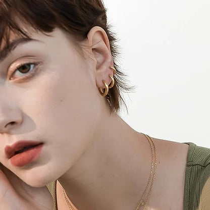 Silver Gold Hoop Earrings for Women Men, 316L Surgical Stainless Steel Huggie Hoop Earrings Set Hypoallergenic Small Cartilage Earrings Lightweight Hoop Earrings Huggie Set - color: Gold--8/10/12mm