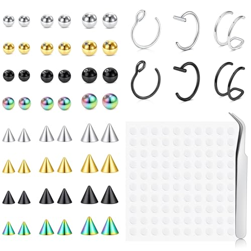 Zolure Fake Piercing Fake Eyebrow Ring Fake Lip Labret Studs Replacement Balls Spike with 100pcs Sticker Non-Piercing Body Jewelry - color: Mix Color #1