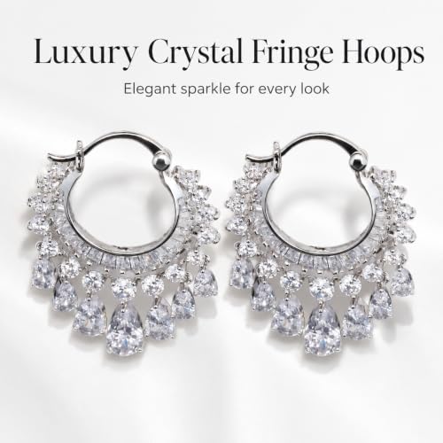 Hoop Earrings with Teardrop Dangles, Clear Crystal Chandelier Fringe Drop, Luxury Bridal Wedding Jewelry Gifts for Women