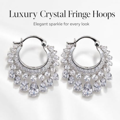 Hoop Earrings with Teardrop Dangles, Clear Crystal Chandelier Fringe Drop, Luxury Bridal Wedding Jewelry Gifts for Women