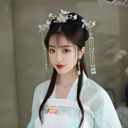 Hanfu Hair Accessories Set Green Butterfly Tassel Chinese Vintage HairStick | Hair Sticks, Butterfly Tassel Hairpin Comb, Earrings Kit, Rhinestone Pearl, Wedding Bridal Cosplay Daily Wear