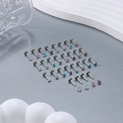 Besteel 28Pcs Threadless Nose Rings Studs Set Surgical Steel Lip Nostril Labret Medusa Piercing Jewelry Push in Tragus Conch Helix Flat Back Earrings for Women Men 16G 18G 20G 6/8mm - style: 18G-8MM
