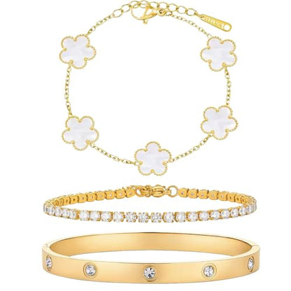 Gold Bracelet Stack,18K Gold Plated Clover Bracelet Love Gold Bangles Tennis Bracelet,3Pcs Gold Bracelets for Women Trendy Non Tarnish Gold jewelry for Women Gift - color: WHITE
