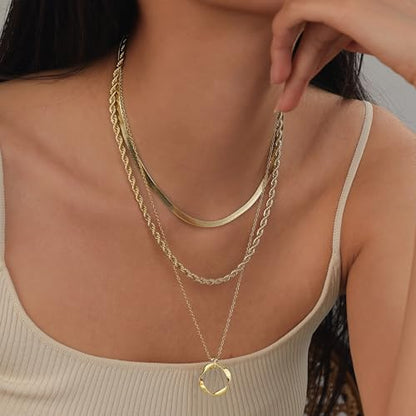 Evabelle Gold Layered Necklace for Women Trendy Jewelry 14K Real Gold Plated Chunky Chain Stackable Necklaces Dainty Choker Necklaces Rectangle Square Pendant - color: Gold Necklace 03