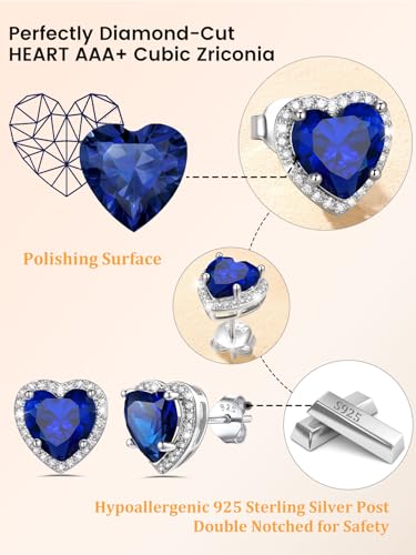 Bestyle Authentic 925 Sterling Silver 2 Carat Birthstone Earrings for Women, More Sparkle Heart/Round Solitaire Diamond Studs Earrings, Great Birthday/Christmas/Anniversary Jewelry for Wife Mother - color: 09. Sept. Sapphire-Heart