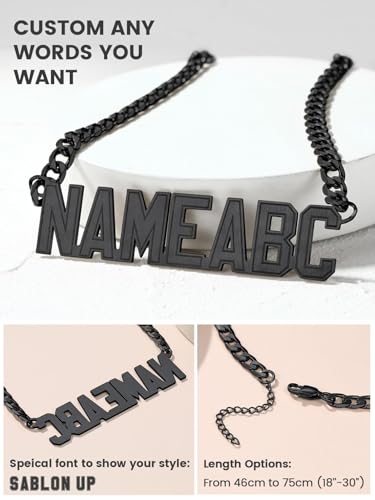 GoldChic JEWELRY Name Necklace Personalized for Men, Womens Custom Name Plate Chain, Stainless Steel Customized Old English Nameplate Choker with Curb Chains Custom, 16 inches to 30 inches - color: Cuban Chain 6 mm-Black(Large Pendant)