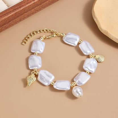Baroque Pearl Bracelet for Women Elegant Gold Plated Irregular Chunky Pearls Bracelets Summer Starfish Seashell Conch Cuff Bracelets Jewelry for Vacation - color: white