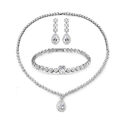 Jewelry Set for Women, Necklace Dangle Earrings Bracelet Set with White AAA Cubic Zirconia, Allergy Free Wedding Party Jewelry for Bridal Bridesmaid - color: Necklace + Earrings-Bracelet-flower