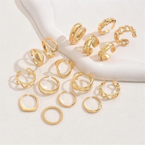 Trendy Knuckle Rings Set for Women Dainty Stackable Joint Finger Midi Rings Pack Adjustable Dome Twist Hollow Chunky Rings Statement Jewelry Mixed Size - style: D-Gold-16Pcs
