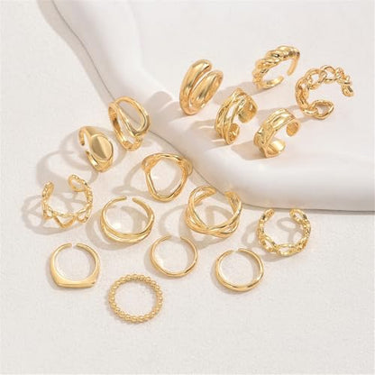 Trendy Knuckle Rings Set for Women Dainty Stackable Joint Finger Midi Rings Pack Adjustable Dome Twist Hollow Chunky Rings Statement Jewelry Mixed Size - style: D-Gold-16Pcs