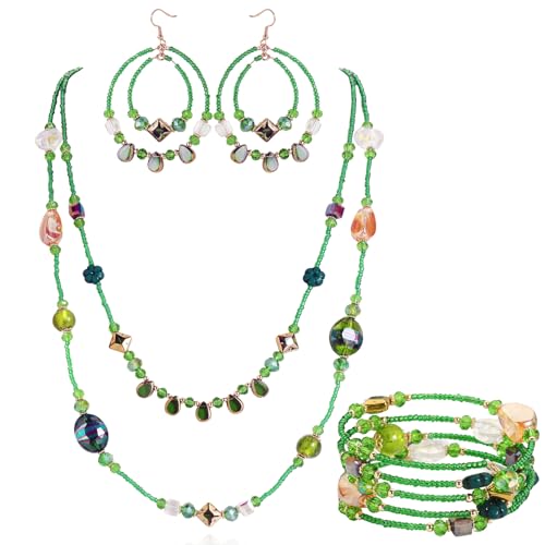 Bocar Bohemian Handmade Beaded Jewelry Set for Women 3 Pcs Layered Necklace Hoop Earrings Wrap Bracelet Set Boho Summer Vacation Jewelry Gift (NK-10834) - color: Green