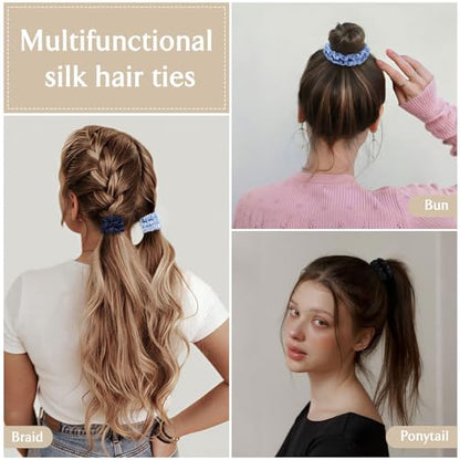 Scrunchies Hair Ties Silk Satin Scrunchy, WantGor Women 4PC Hair Bands | Pure Mulberry Silk Skinny Elastic Scrunchies Bracelets Ponytail Holders Hair Accessories (Black,Blue,Navy,Lake Blue) - color: Black,Blue,Navy,Lake Blue