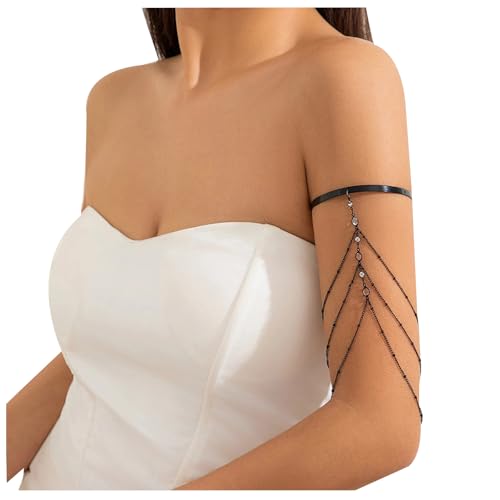 Simple Crystal Bead Tassel Upper Arm Chain Bracelet Multi-layered Bikini Armlet Rhinestone Adjustable Open Arm Cuff Bangle Bracelets Summer Beach Body Jewelry for Women - style: Black