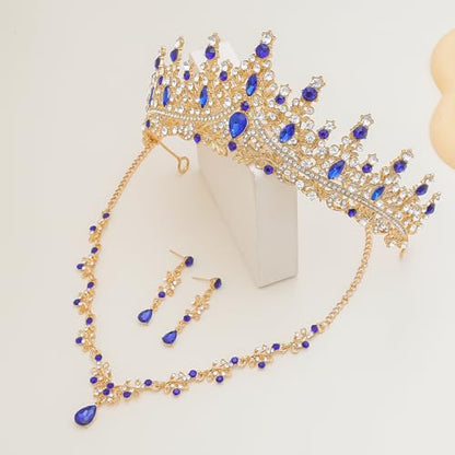 Crystal Crown Jewelry Set for Women Bride Queen Tiara Earrings and Necklace | Metal Royal Crown Costume Jewelry Set Wedding Prom Quinceanera Party Pageant Halloween Retirement Christmas Birthday Gift - color: Blue