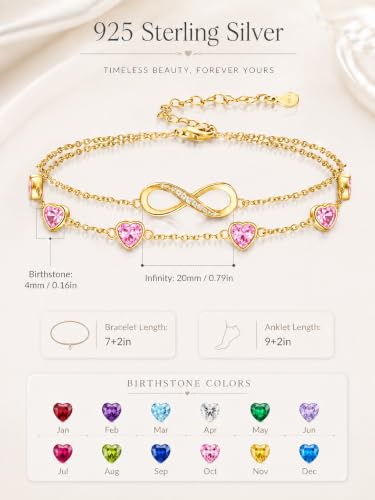 Prismata Infinity Birthstone Charm Link Bracelet/Anklet 925 Sterling Silver Adjustable 12 Months Birthstone Infinity Bracelet/Anklet Birthday Jewelry Gifts for Women Her - color: 10-October, size: 9‘+2’ Anklet-18K Gold Plated