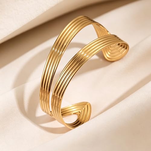 Chunky Gold Bangle Bracelets for Women Statement Bracelet for Dainty Charm Women Jewelry - color: Gold Stripes Bracelet